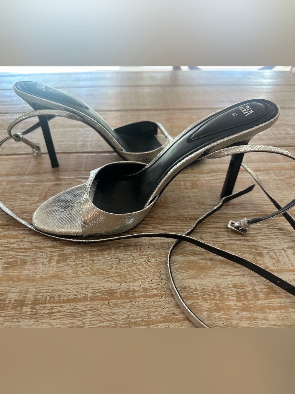 Zara Silver Metallic Open-Toe Stiletto Sandals with Wrap Tie SZ 41